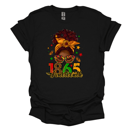 1865 Juneteenth Empowerment Tee - Woman with a Radiant Messy Bun